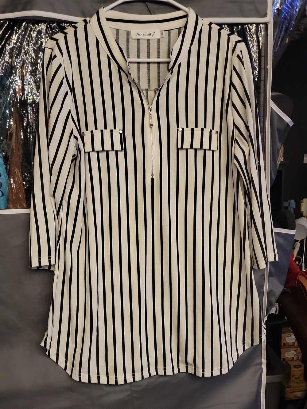 Ninety Black and White Vertical Stripe Zip-Front Blouse